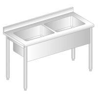 Stół przyścienny ze stali nierdzewnej z basenem dwukomorowym, rantem puszkowym i kapinosem 1500x700x850 mm, wys. komory = 300 mm | DORA METAL, DM-S-32