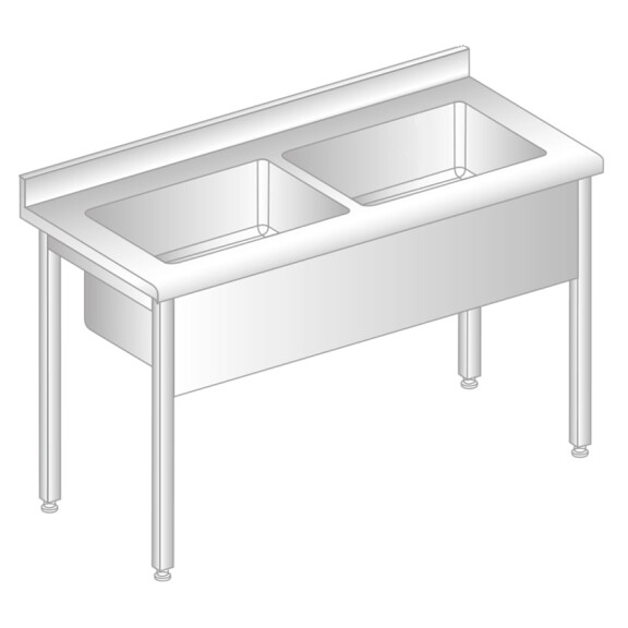 Stół przyścienny ze stali nierdzewnej z basenem dwukomorowym, rantem puszkowym i kapinosem 1700x700x850 mm, wys. komory = 300 mm | DORA METAL, DM-S-32