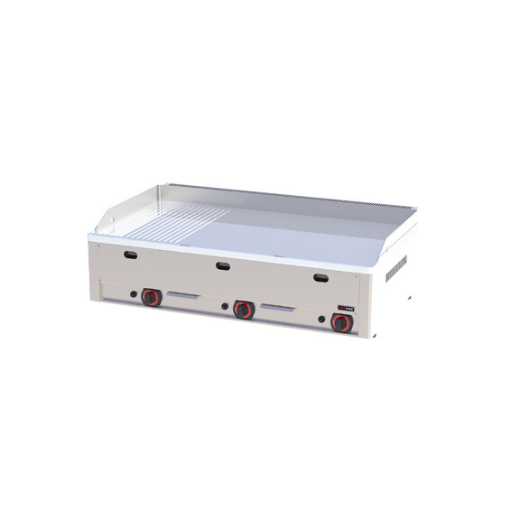 Płyta grillowa chromowana gazowa 12 kW, płyta gładka i ryflowana 970x480 mm, 990x600x220 mm | REDFOX, FTHRC - 90 G