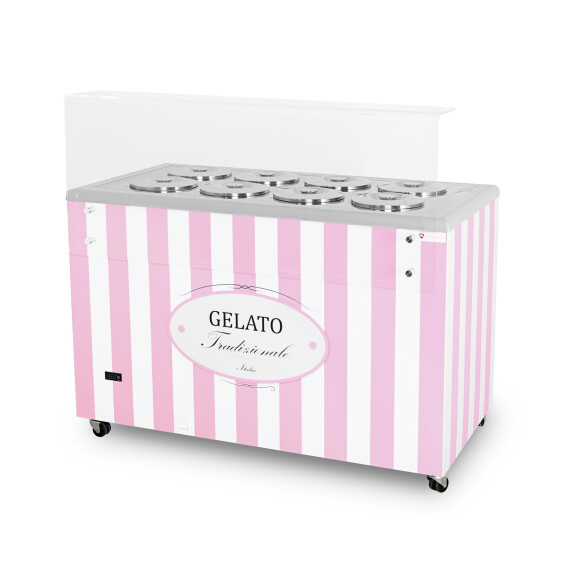 Dystrybutor do lodów, witryna do lodów, konserwator, retro, 8 tub, okrągłe kuwety, 1283x670x895 mm, biało-różowy | RESTO QUALITY, GELATO POZETTI 8 PIN