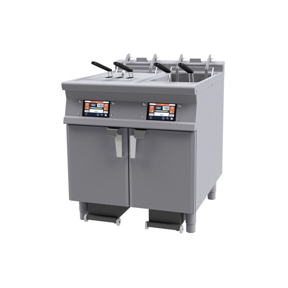 Frytownica elektryczna z funkcją czyszczenia i opróżniania zbiornika i podnośnikami do koszy 2x 25 l, 45,3 kW, kosz 4x 135x450x150 mm, 800x900x900 mm