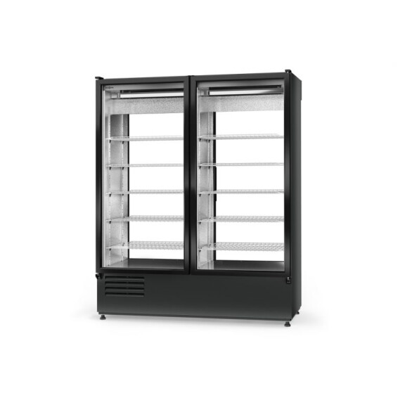 Szafa chłodnicza dwustronnie przeszklona z drzwiami skrzydłowymi, blokada drzwi od strony klienta, agregat dolny, wentylator, 3 kl., 1200x720x2000 mm 
