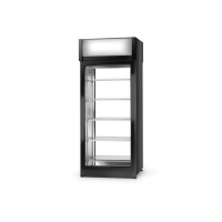 Szafa chłodnicza dwustronnie przeszklona z drzwiami skrzydłowymi, szyba od strony klienta zamontowana na stałe, agregat górny, 3 kl., 825x810x2020 mm 