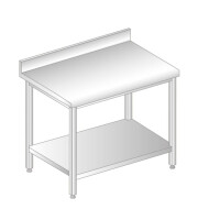 Stół przyścienny ze stali nierdzewnej z półką, rantem puszkowym i kapinosem 1400x700x850 mm | DORA METAL, DM-S-3103