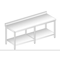Stół przyścienny ze stali nierdzewnej z półką, rantem puszkowym i kapinosem 2400x700x850 mm | DORA METAL, DM-S-3104