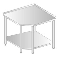 Stół przyścienny narożny ze stali nierdzewnej z półką, 868x868x600x600x379x850 mm | DORA METAL, DM-3105