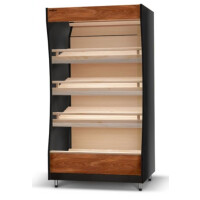Moduł regału piekarniczego z frontem z płyty meblowej, oświetlenie LED, lustra górne, półki bukowe pochylone, 820x800x1980 mm | RAPA, RP-B1
