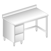 Stół przyścienny ze stali nierdzewnej z 2 szufladami, rantem puszkowym i kapinosem 1200x600x850 mm | DORA METAL, DM-S-3112