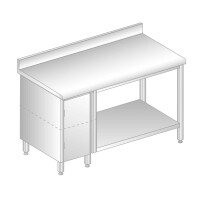 Stół przyścienny ze stali nierdzewnej z szafką, półką, rantem puszkowym i kapinosem 2300x600x850 mm | DORA METAL, DM-S-3113
