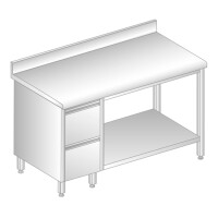 Stół przyścienny ze stali nierdzewnej z 2 szufladami, półką, rantem puszkowym i kapinosem 1100x600x850 mm | DORA METAL, DM-S-3114