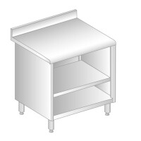 Stół przyścienny ze stali nierdzewnej z szafką otwartą, półką, rantem puszkowym i kapinosem 600x700x850 mm | DORA METAL, DM-S-3115