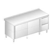 Stół przyścienny ze stali nierdzewnej z szafką z drzwiami suwanymi i 2 szufladami 2200x600x850 mm | DORA METAL, DM-3126