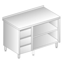 Stół przyścienny ze stali nierdzewnej z szafką otwartą i 3 szufladami 1800x600x850 mm | DORA METAL, DM-3129