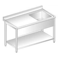 Stół przyścienny ze stali nierdzewnej ze zlewem, półką, rantem puszkowym i kapinosem 1400x700x850 mm | DORA METAL, DM-S-3201