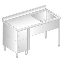 Stół przyścienny ze stali nierdzewnej ze zlewem, szafką, rantem puszkowym i kapinosem 1100x600x850 mm | DORA METAL, DM-S-3011