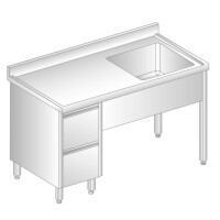 Stół przyścienny ze stali nierdzewnej ze zlewem, 2 szufladami, rantem puszkowym i kapinosem 1400x700x850 mm | DORA METAL, DM-S-3012
