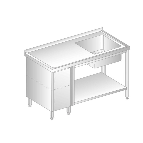 Stół przyścienny ze stali nierdzewnej ze zlewem, szafką i półką 1300x700x850 mm | DORA METAL, DM-3202