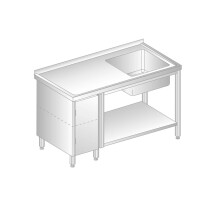 Stół przyścienny ze stali nierdzewnej ze zlewem, szafką i półką 2000x700x850 mm | DORA METAL, DM-3202