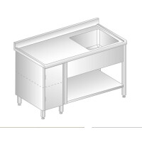 Stół przyścienny ze stali nierdzewnej ze zlewem, szafką, półką, rantem puszkowym i kapinosem 1600x700x850 mm | DORA METAL, DM-S-3202