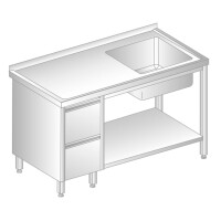Stół przyścienny ze stali nierdzewnej ze zlewem, 2 szufladami i półką 2000x600x850 mm | DORA METAL, DM-3203