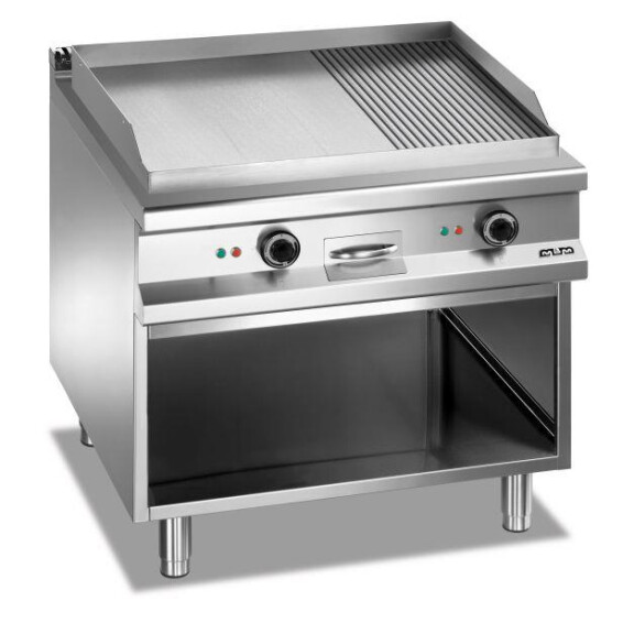 Płyta grillowa elektryczna, na podstawie z trzech stron zamkniętej 800x900 mm - 2/3 gładka, 1/3 ryflowana, chromowana, Magistra Plus 900 | MBM, MFTE98