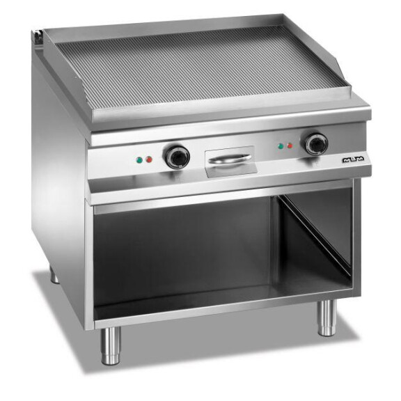 Płyta grillowa elektryczna, na podstawie z trzech stron zamkniętej 800x900 mm - ryflowana, Magistra Plus 900 | MBM, MFTE98AR