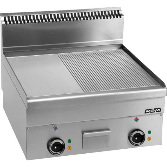 Płyta grillowa elektryczna, stołowa 600x600 mm - 1/2 gładka, 1/2 ryflowana, chromowana, Minima 600 | MBM, EFT66LRC
