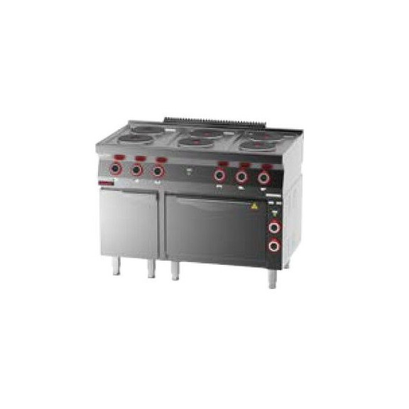 Kuchnia elektryczna z piekarnikiem elektrycznym moduł 3xGN 1/1 6x2,6 kW + 3,5 kW (piekarnik) na szafce z drzwiami | KROMET, 700.KE-6/PE-1T/SD