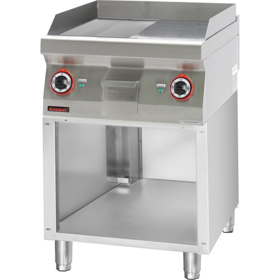 Płyta grillowa 1/2gł. + 1/2ryf. chromowana 600 mm 8 kW na podstawie szafkowej otwartej | KROMET, 700.PBE-600GR.S