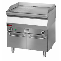 Płyta grillowa 1/2gł. + 1/2ryf. chromowana 800 mm 9,6 kW na podstawie szafkowej zamkniętej  | KROMET, 700.PBE-800GR.S.D