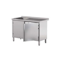 Stół przyścienny ze zlewem i szafką z drzwiami skrzydłowymi, dwudrzwiowy 1300x700x850 mm | ASBER, STW-137/1-PL-L-2HD-C