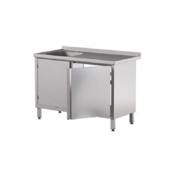 Stół przyścienny ze zlewem i szafką z drzwiami skrzydłowymi, dwudrzwiowy 1400x700x850 mm | ASBER, STW-147/1-PL-L-2HD-C