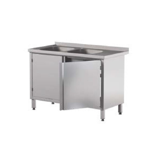 Stół przyścienny z 2 zlewami i szafką z drzwiami skrzydłowymi, dwudrzwiowy 1100x600x850 mm | ASBER, STW-116/2-PL-L-2HD-C