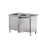 Stół przyścienny z 2 zlewami i szafką z drzwiami skrzydłowymi, dwudrzwiowy 1200x600x850 mm | ASBER, STW-126/2-PL-L-2HD-C
