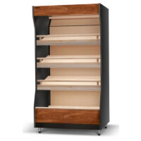 Moduł regału piekarniczego z frontem z płyty meblowej, oświetlenie LED, lustra górne, półki bukowe pochylone, boki proste z płyty meblowej, 1220x1000x