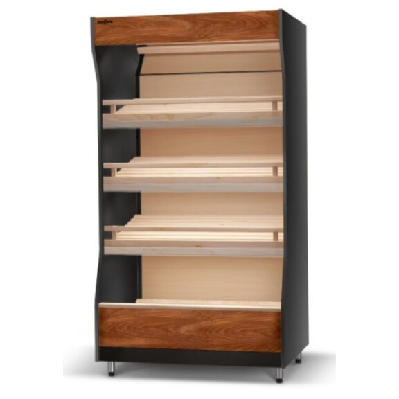 Moduł regału piekarniczego z frontem z płyty meblowej, oświetlenie LED, lustra górne, półki bukowe pochylone, boki proste z płyty meblowej, 1640x1000x