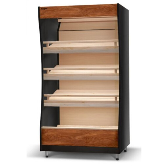 Moduł regału piekarniczego z frontem z płyty meblowej, oświetlenie LED, lustra górne, półki bukowe pochylone, 1800x800x1980 mm | RAPA, RP-B1