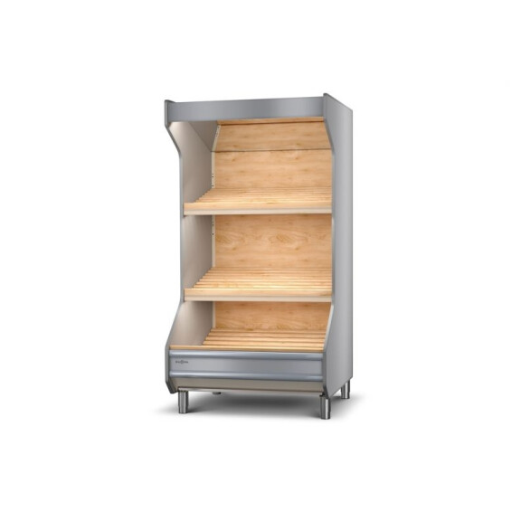 Regał warzywniczy z frontem ze stali malowanej, oświetlenie LED, lustra górne, półki bukowe pochylone, boki proste z płyty meblowej 450x1000x2030 mm |
