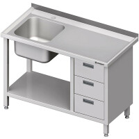 Stół ze zlewem z lewej strony oraz z blokiem trzech szuflad i półką 1300x700x850 mm | STALGAST, 982377130