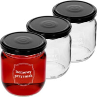 Słoik twist-off 425 ml z nadrukiem "Domowy przysmak" i czarną zakrętką fi 82/6 - 3 szt. | BROWIN, 132433