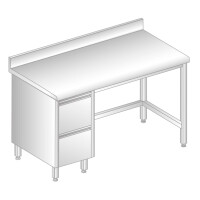 Stół przyścienny ze stali nierdzewnej z 2 szufladami, rantem puszkowym i kapinosem 2200x600x850 mm | DORA METAL, DM-S-3112