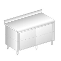 Stół przyścienny ze stali nierdzewnej z szafką przelotową z drzwiami suwanymi, rantem puszkowym i kapinosem 1400x700x850 mm | DORA METAL, DM-S-3118 P
