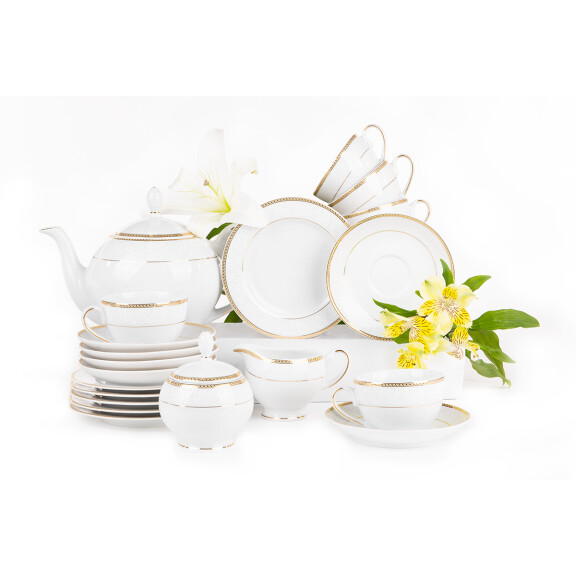 Serwis herbaciany polska porcelana 6 os. 15 elementów biały / złoty wzór NEW HOLLIS GOLD