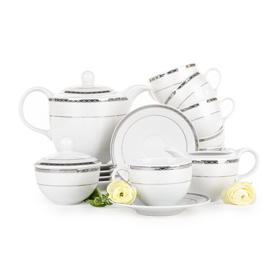 Zestaw kawowy porcelana 9 elementów biały / platynowy wzór dla 6 os. AMELIA PLATYNA