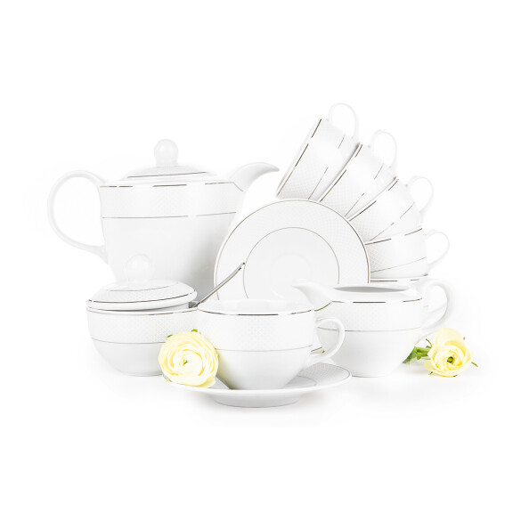Zestaw kawowy porcelana 9 elementów biały / srebrny wzór dla 6 os. AMELIA SATYNA