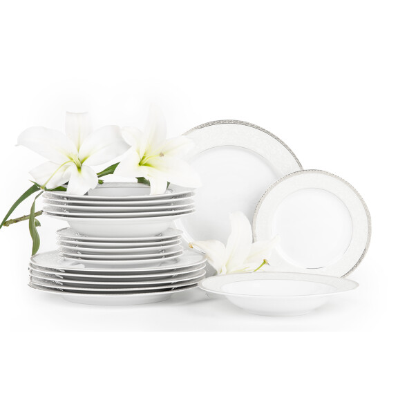Serwis obiadowy polska porcelana 18 elementów biały / platynowy wzór dla 6 os. AGAWA PLATIN
