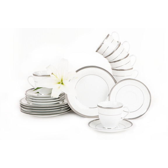 Serwis herbaciany polska porcelana 12 elementów biały / platynowy wzór dla 6 os. GEOS PLATIN
