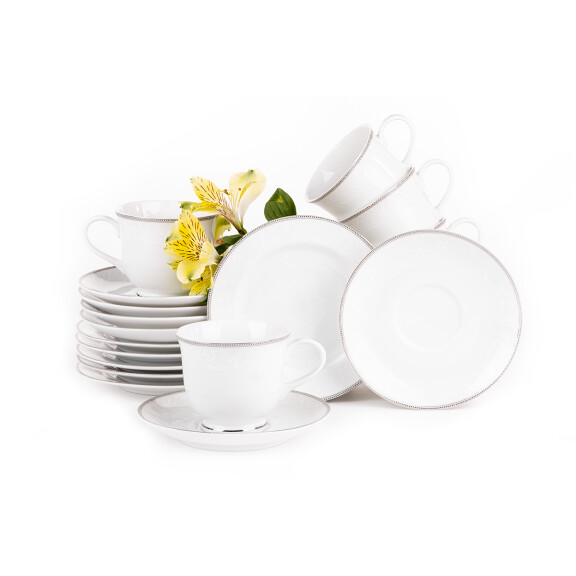 Serwis herbaciany polska porcelana 6 os. Biały / platynowy wzór DIAMENT PLATIN