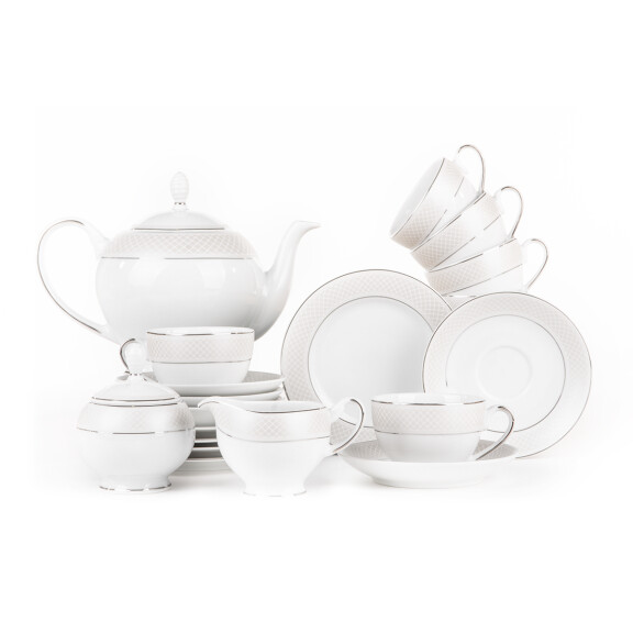 Serwis herbaciany polska porcelana 15 elementów biały / platynowy wzór dla 6 os. SCANIA