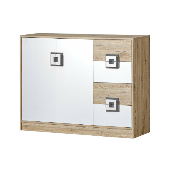 Kolorowa komoda 120 cm z półkami i szufladami  do pokoju dziecka biała / jasny dąb / szara CAMBI